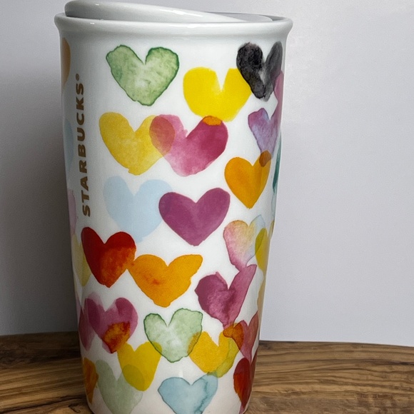 2015 Starbucks Watercolor Hearts Ceramic Travel Tumbler 10 oz Mug Cup with Lid - Picture 4 of 13
